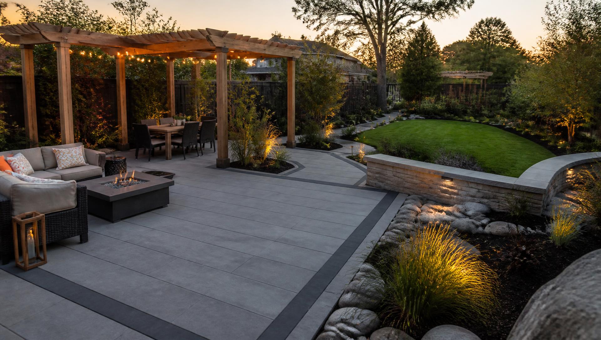 Professionally designed Bay Area backyard with paver patio, stone seating wall, pergola and layered landscaping