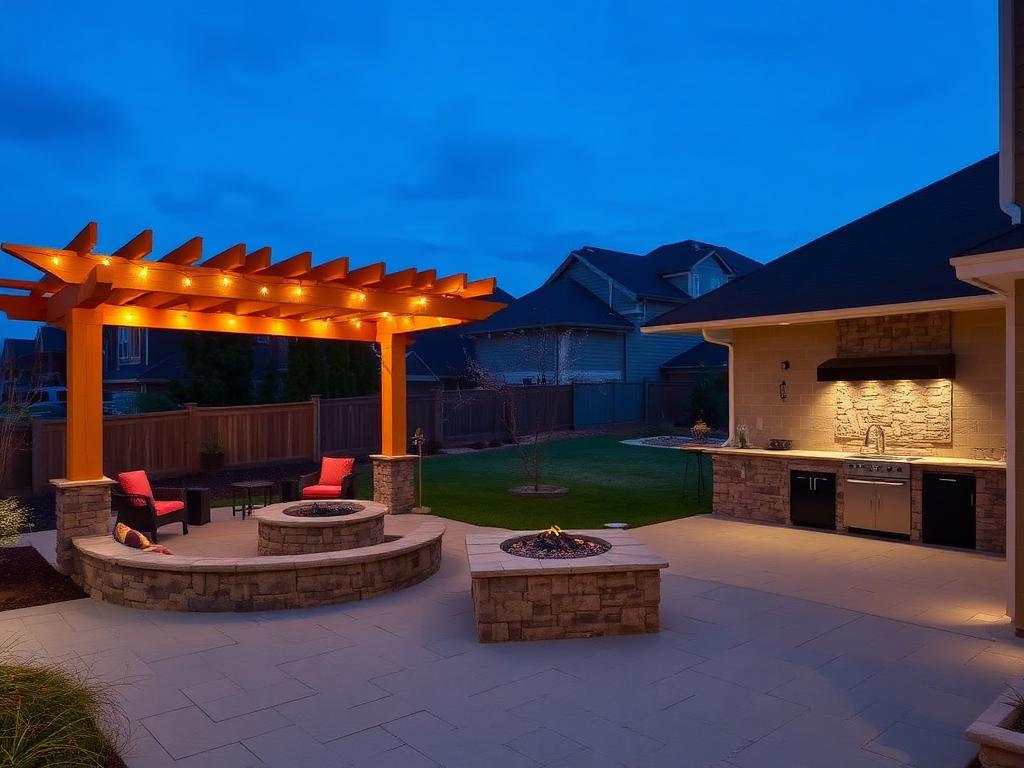 Outdoor living area at dusk with cedar pergola, stone fire pit, seating wall and outdoor kitchen